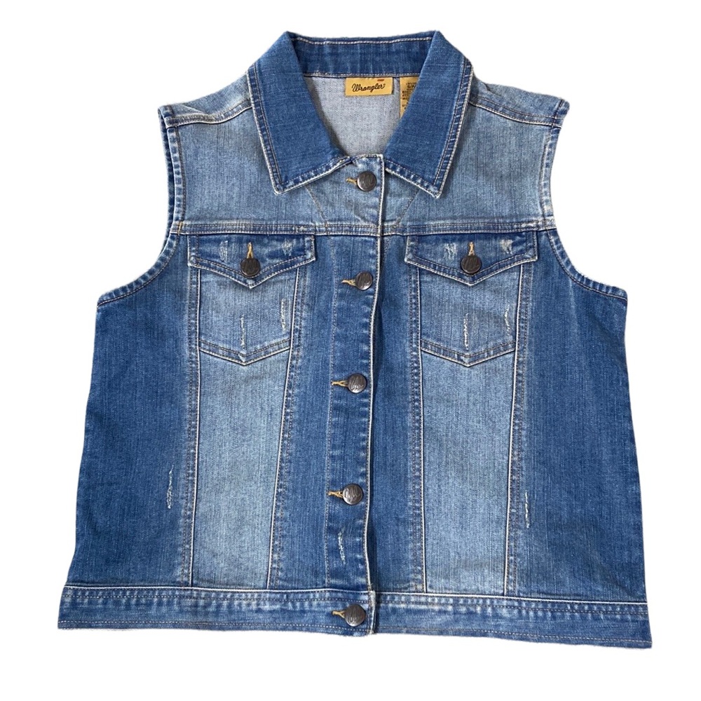 Wrangler Distressed Jean Vest, Denim, Dark Blue Wash fading to Light Blue